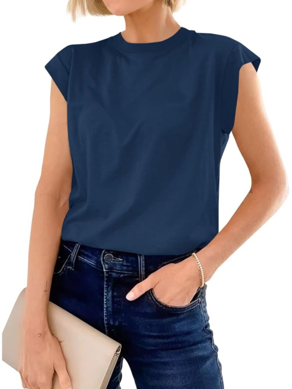 Women's Navy Short Sleeve Crew Neck Basic Tee Loose Fit Cotton T Shirts